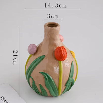 Ceramic vase with decorative elements and measurements on a white background