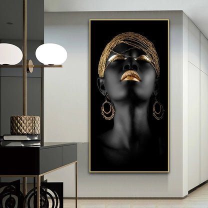 Modern interior with a large framed artwork of a woman's face in a stylish room.