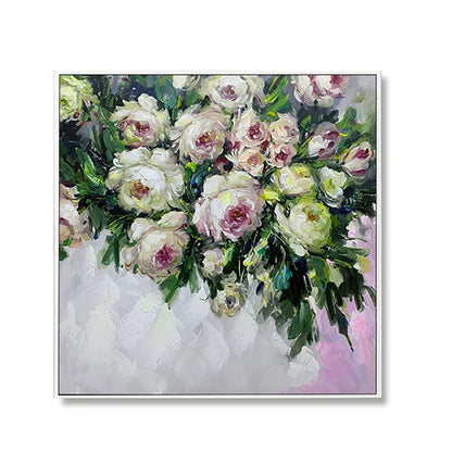 Oil painting of a bouquet of flowers with white, pink, and green colors on a white background.