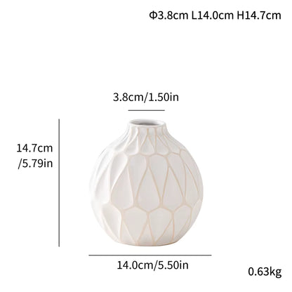 White vase with geometric patterns and measurements on a white background