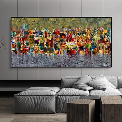 Abstract painting on a wall above a modern sofa in a living room.