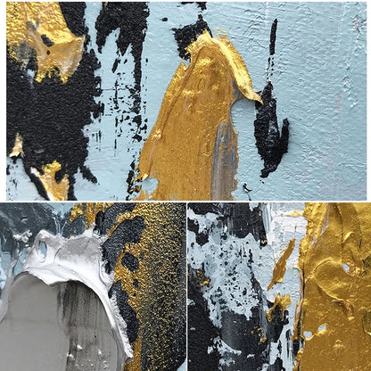 Abstract art piece with gold, black, and white brush strokes on a blue background.