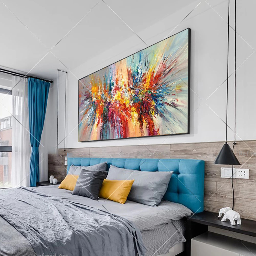 Modern bedroom with abstract painting above a bed
