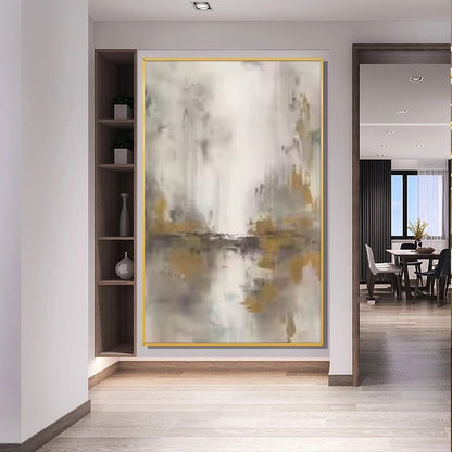 Abstract painting in a modern interior setting with a bookshelf and dining area.
