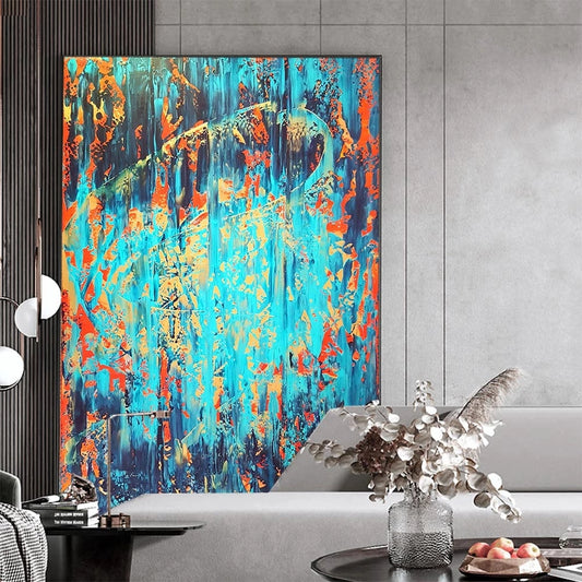 Abstract painting with vibrant colors in a modern interior setting.
