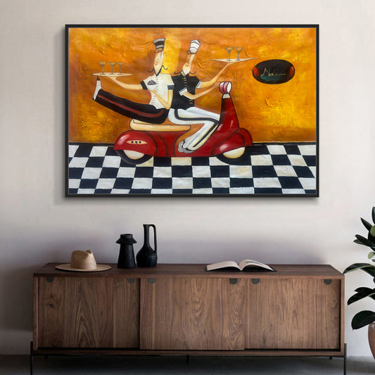 Abstract painting of two people on a scooter above a wooden cabinet.