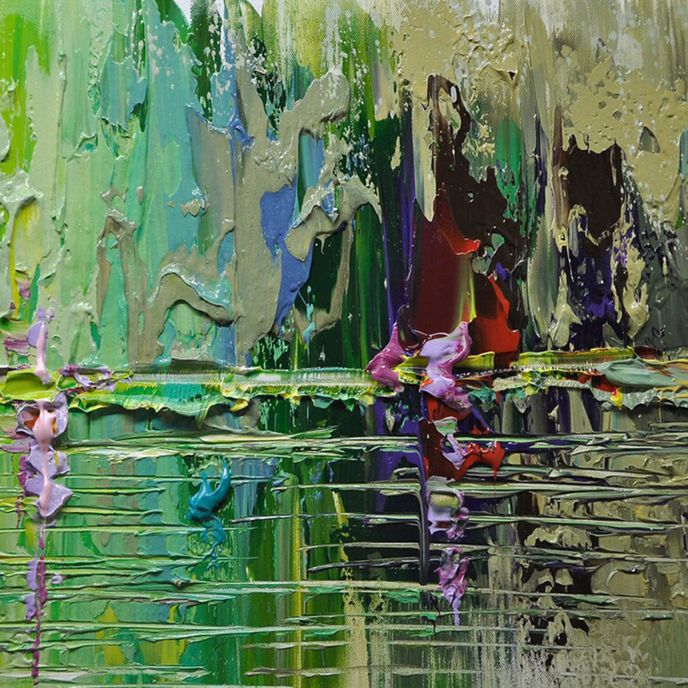 Abstract painting with vibrant colors and reflective surface