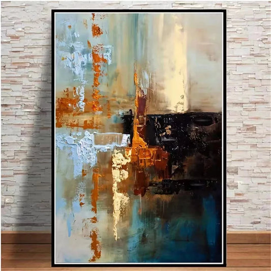 Abstract painting with brown, blue, and black tones on a textured wall.