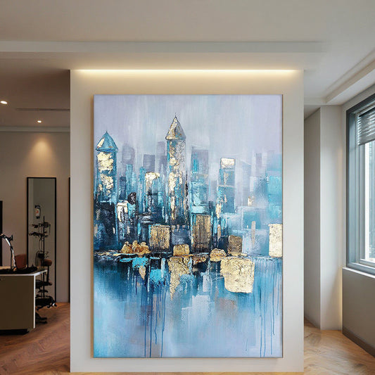 Abstract cityscape painting in a modern room with neutral decor