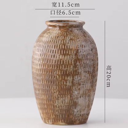 Brown textured vase with dimensions on a white background