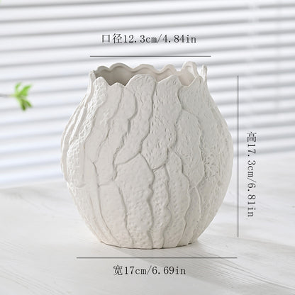 White textured vase with dimensions on a light background