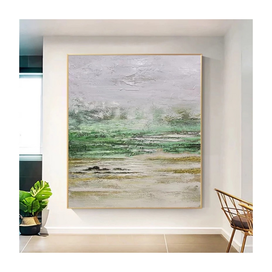 Abstract painting in a modern interior setting with a chair and plant.