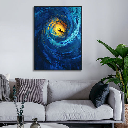 Abstract painting of a swirling blue and yellow design on a wall above a sofa.