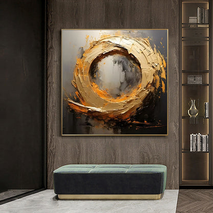 Abstract art piece on a wall above a bench in a modern interior setting