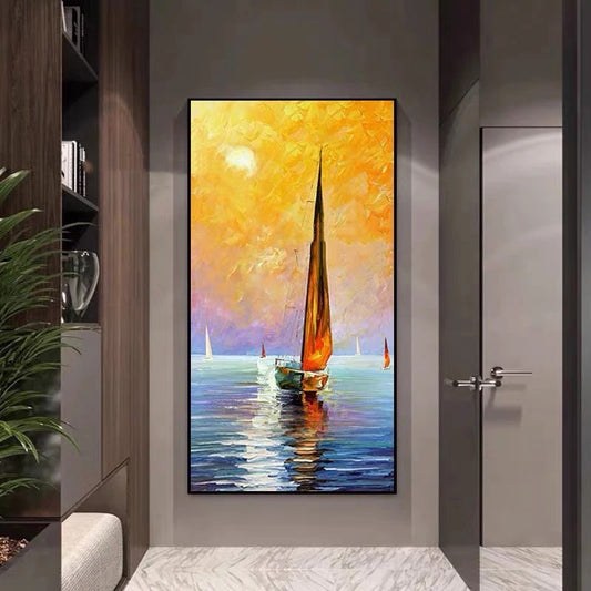 Painting of sailboats on a wall in a modern interior setting