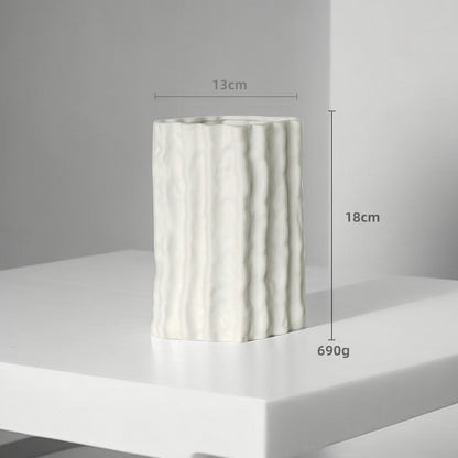 White textured vase on a gray background with measurements indicated.