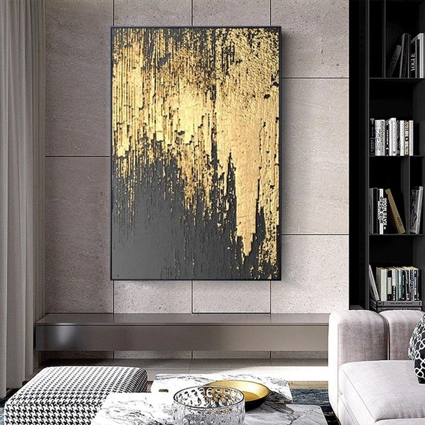 Abstract art piece on a wall in a modern living room setting