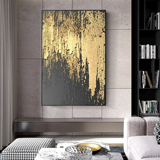 Abstract art piece on a wall in a modern living room setting