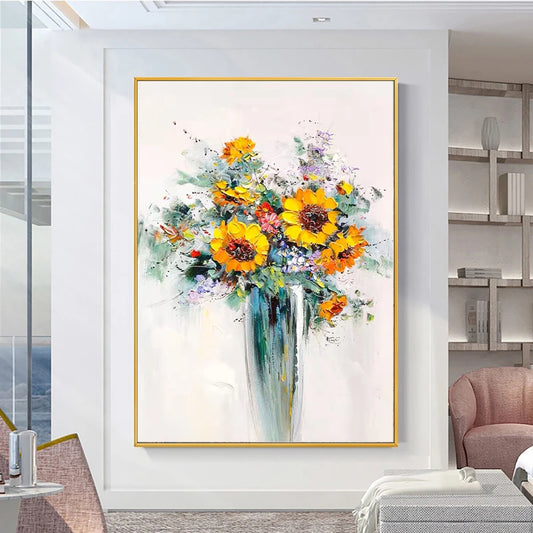 Framed abstract floral painting with sunflowers in a modern living room.