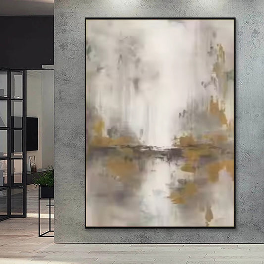 Abstract painting with earthy tones on a gray wall