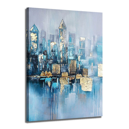 Abstract cityscape painting with blue and gold tones on a white background