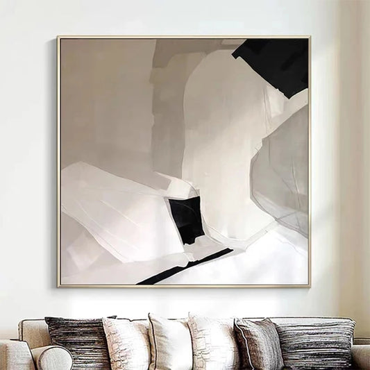 Abstract art piece in a modern living room setting