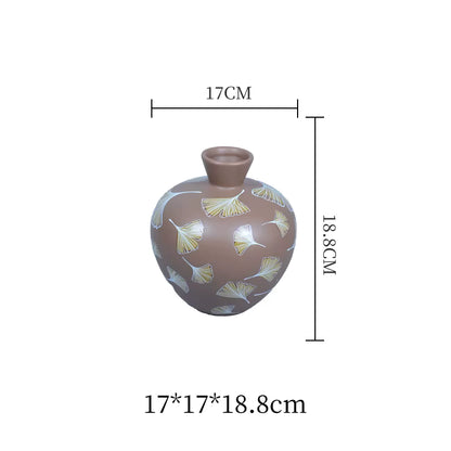 Ceramic vase with floral patterns and dimensions on a white background