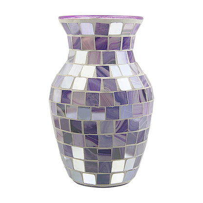 Mosaic vase with purple and white tiles on a white background