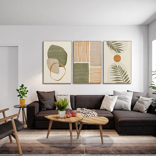 Modern living room with abstract art on the wall and a brown sectional sofa.