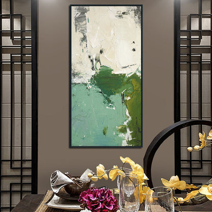 Abstract painting on a wall with decorative table setting below