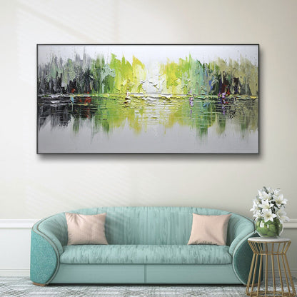 Modern living room with a large abstract painting above a light blue sofa.