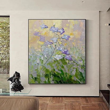 Abstract floral painting in a modern living room setting