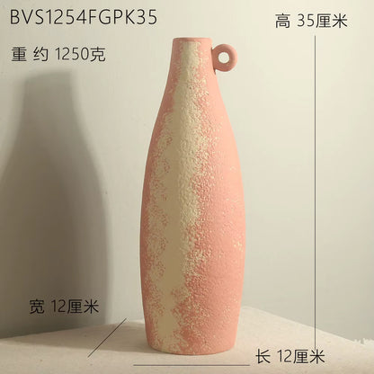 Pink and beige textured vase on a light background with measurements indicated.