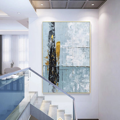 Abstract art piece on a wall in a modern interior setting