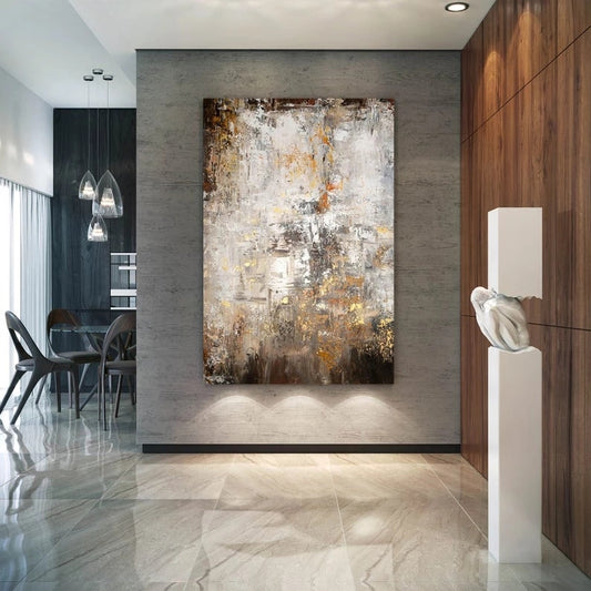 Modern interior with abstract painting on a wall, chairs, and a table.
