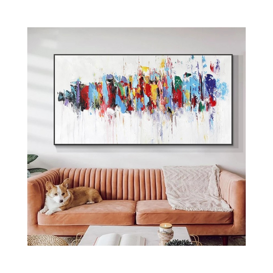 Living room with a colorful abstract painting on the wall above a pink couch.