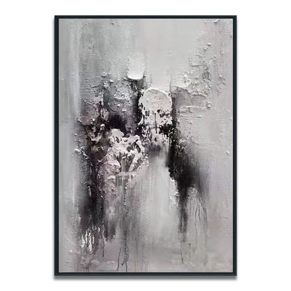 Abstract art painting in black, white, and gray with a black frame on a white background