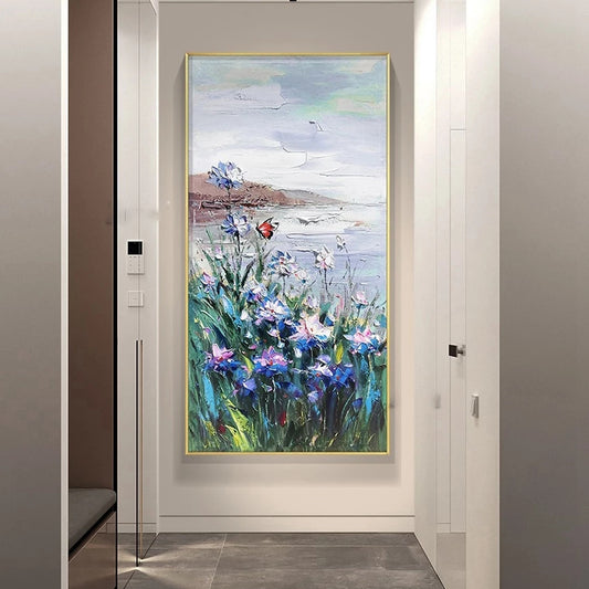 Framed painting of flowers in a modern interior setting