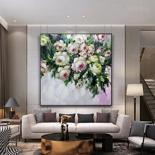 Modern living room with a large floral painting on the wall