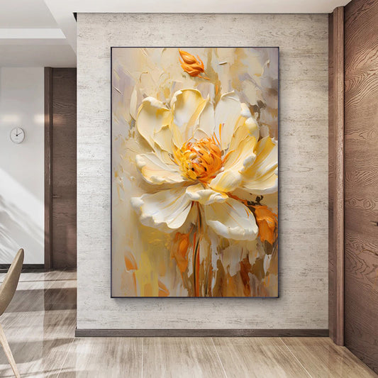 Large abstract floral painting in a modern interior setting