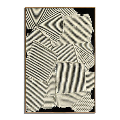 Abstract art piece with geometric patterns in black and white on a white background