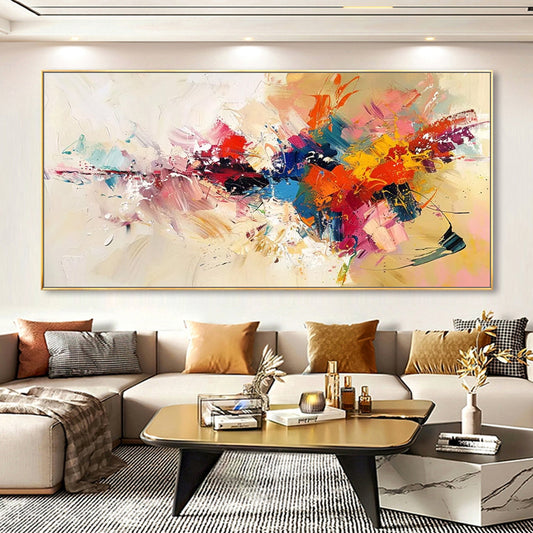 Living room with a large abstract painting on the wall above a sofa.