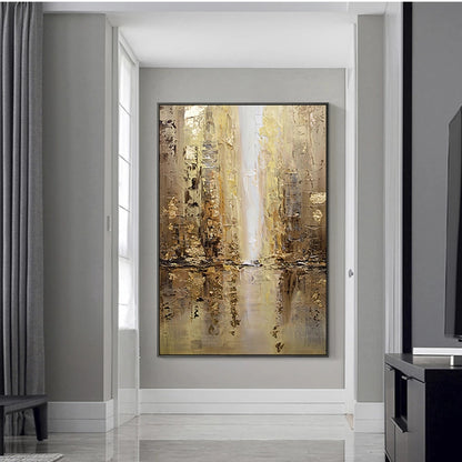 Abstract painting in a modern interior setting with neutral tones.