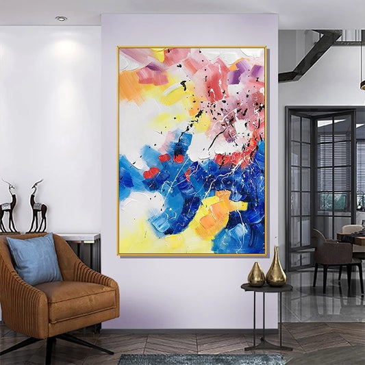 Colorful abstract painting in a modern living room setting