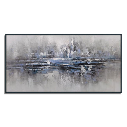 Abstract painting with black, white, and gray tones on a white background