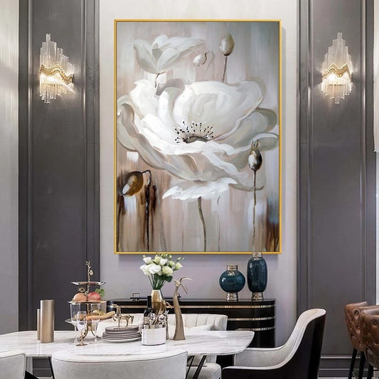 Dining room with a large abstract floral painting on the wall.
