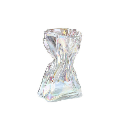 Crystal vase with an iridescent finish on a white background