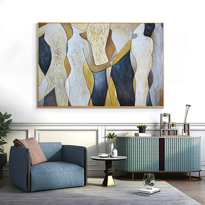 Modern living room with abstract art on the wall, blue armchair, and decorative items.