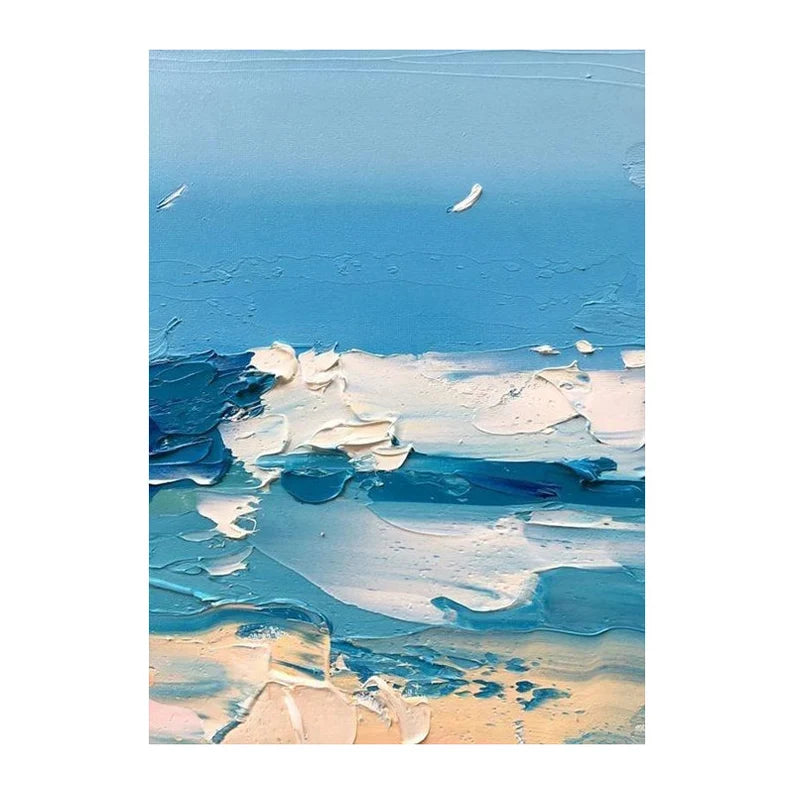 Abstract painting with blue and white tones on a white background