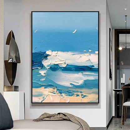 Abstract art painting of a blue and white landscape in a modern interior setting.